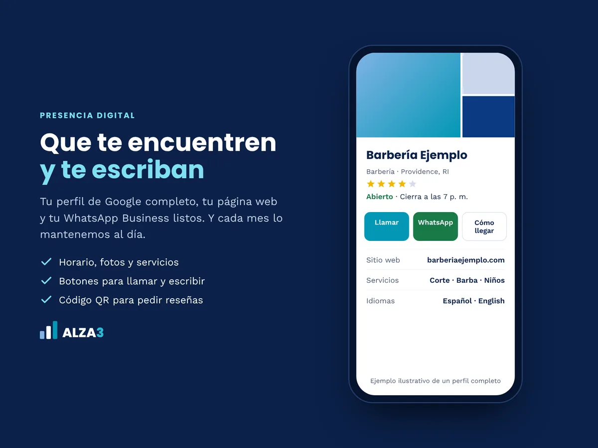 Ejemplo ilustrativo de un perfil de negocio completo en el celular, con botones para llamar y escribir por WhatsApp